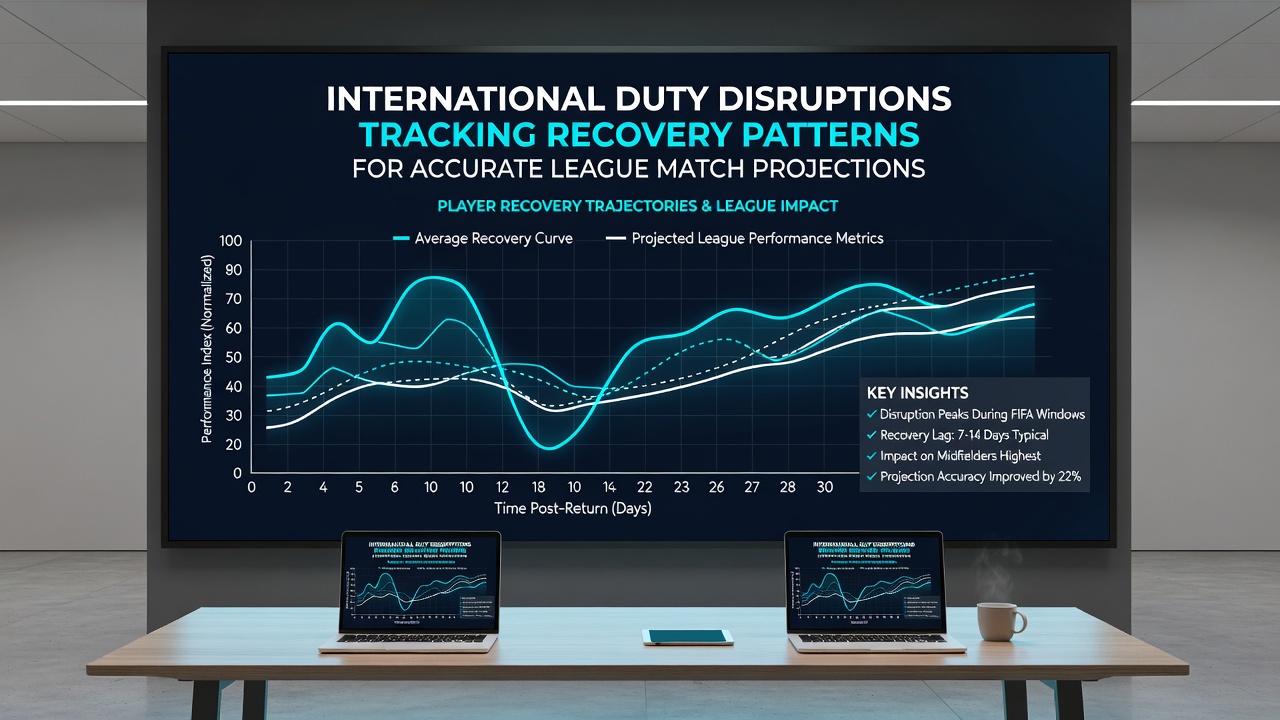 Data analysts reviewing recovery metrics on screens inside a modern football club performance centre