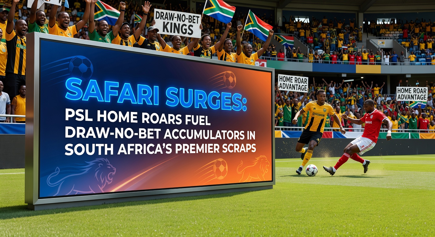 Close-up of PSL players in action during a high-stakes home match, with the scoreboard showing a dominant home lead and fans in the background, capturing the intensity of South African football surges