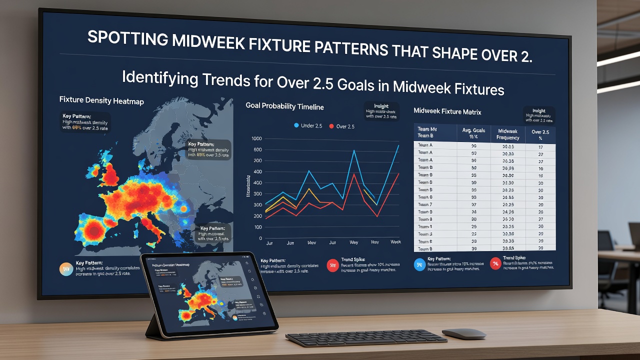 Data charts illustrating goal timing and over 2.5 trends in midweek games