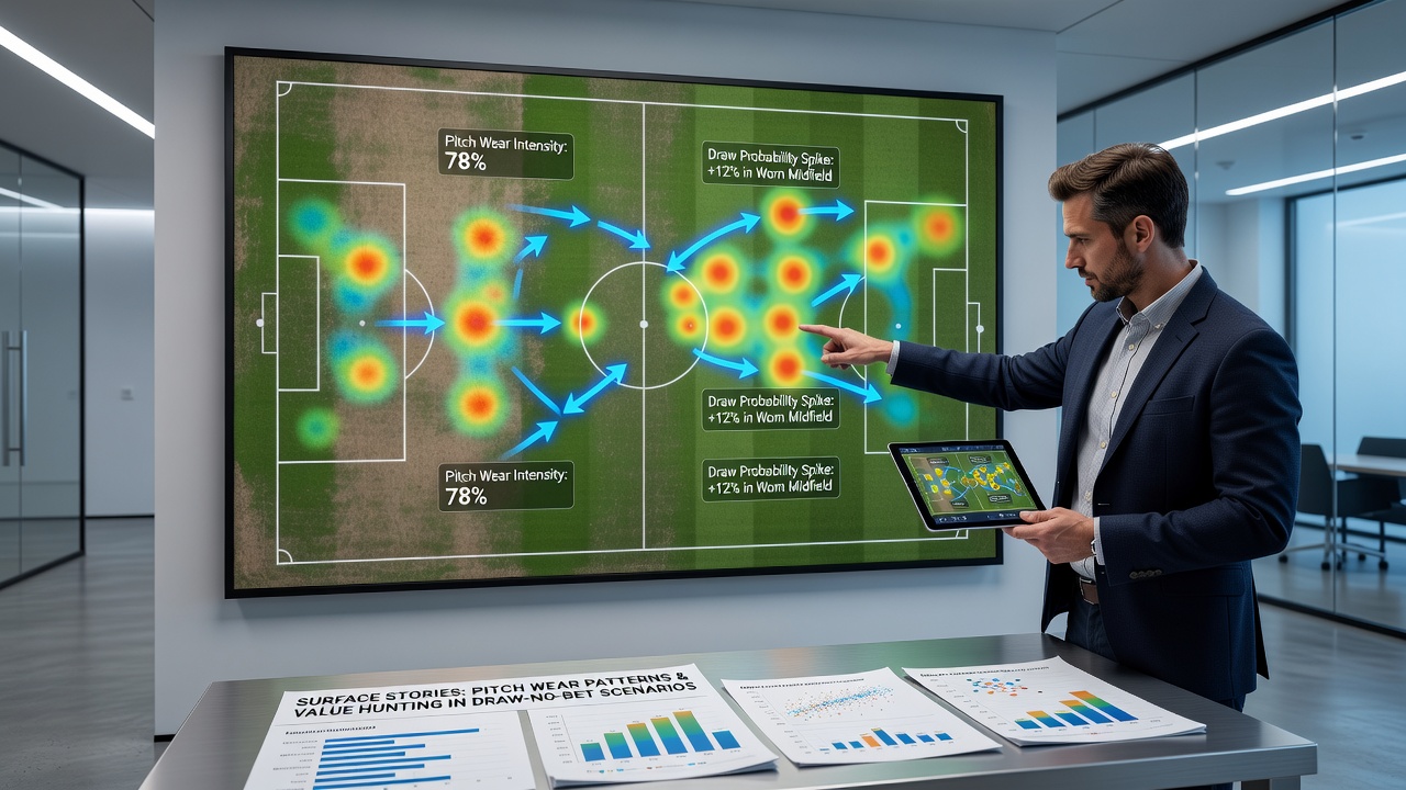 Stadium groundskeeper inspecting pitch wear patterns ahead of a weekend fixture