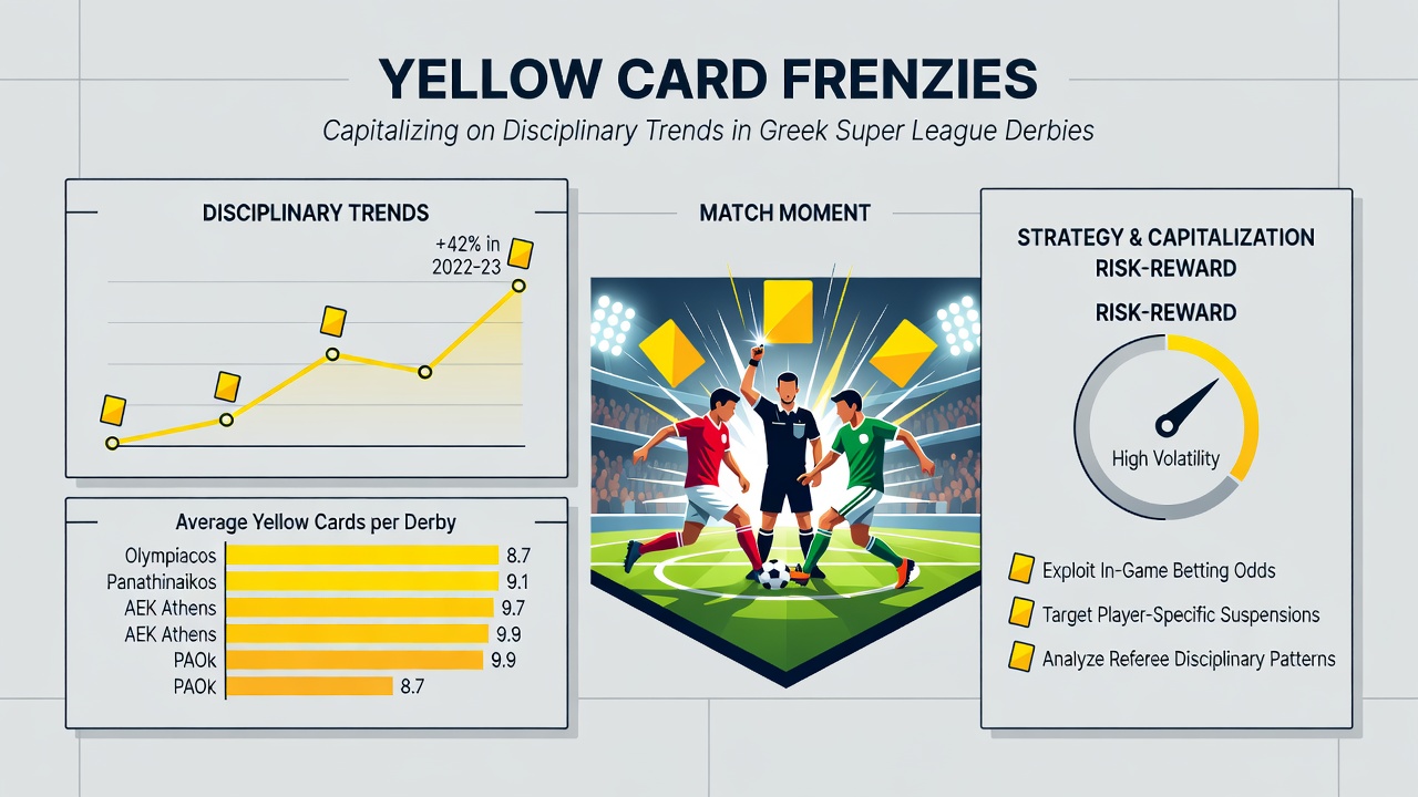 Referee showing yellow card during heated Greek Super League derby with players arguing nearby